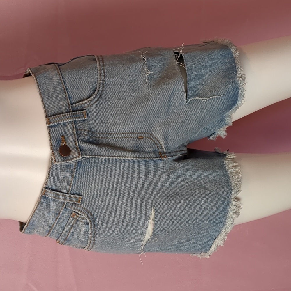 Fashion Nova All The Time Light Blue Wash Ripped Distressed Denim Shorts Small